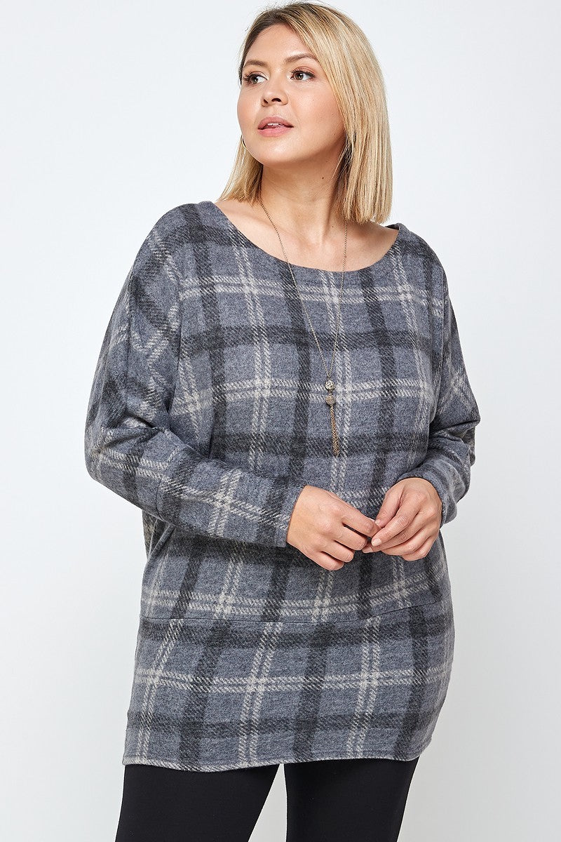 Cuello barco, top tipo túnica con estampado a cuadros y mangas largas estilo dolman