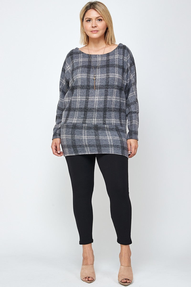 Cuello barco, top tipo túnica con estampado a cuadros y mangas largas estilo dolman