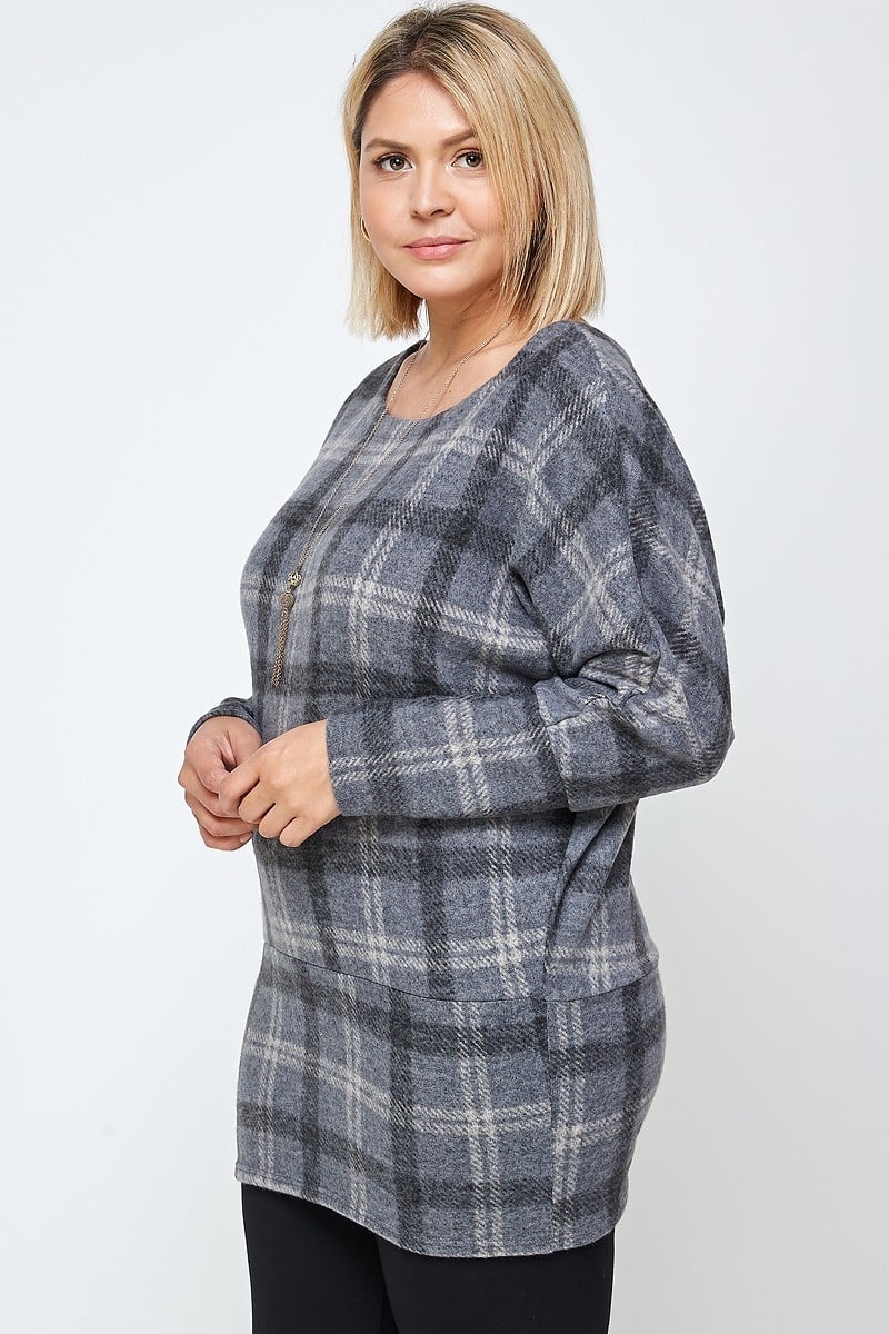 Cuello barco, top tipo túnica con estampado a cuadros y mangas largas estilo dolman