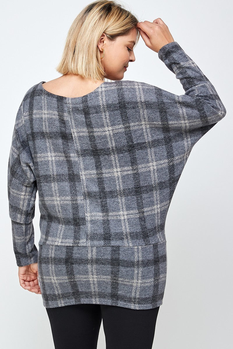 Cuello barco, top tipo túnica con estampado a cuadros y mangas largas estilo dolman