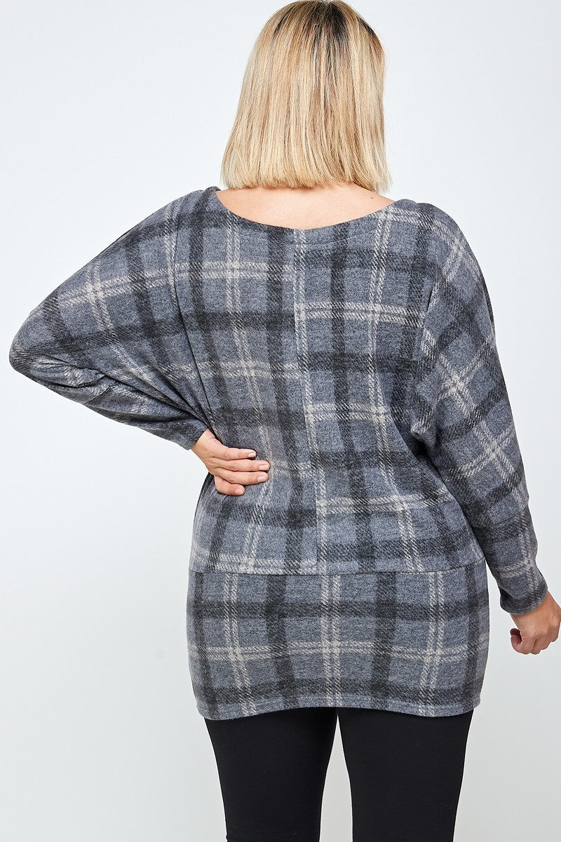 Cuello barco, top tipo túnica con estampado a cuadros y mangas largas estilo dolman