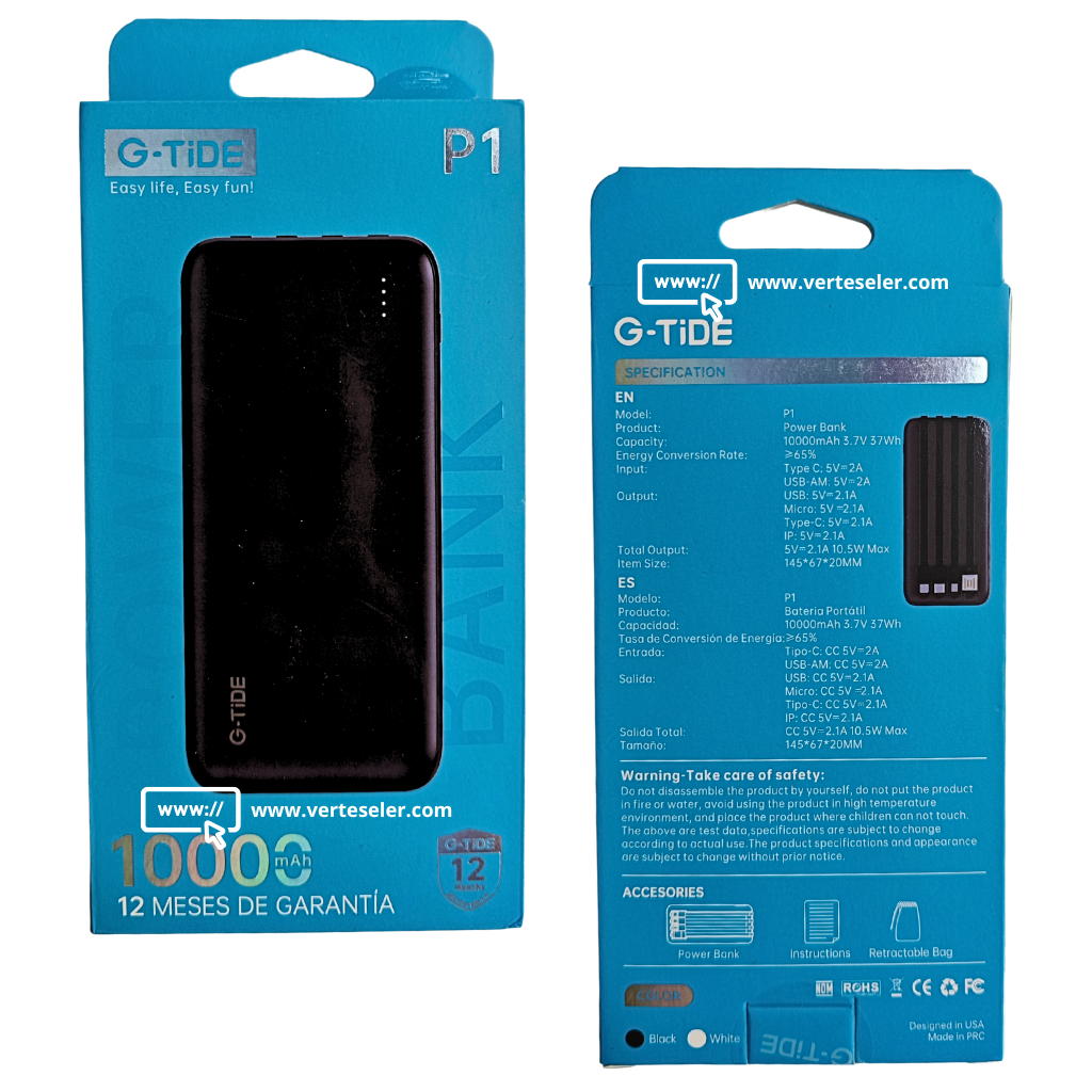 Power bank 10000Mha G-tide p1 con cables de carga multiples.Negro