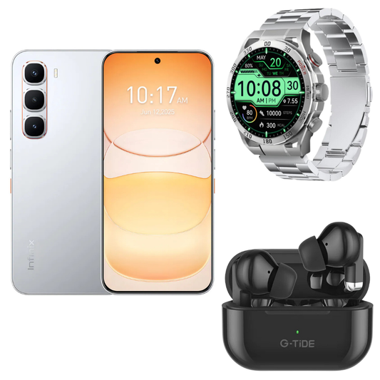 Smartphone Infinix 60 Pro (plateado) + Smartwatch Filwans Gtr (plateado) + Audífonos inalámbricos G-tide L22 (negros)