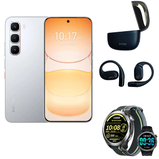 Smartphone Infinix 60 Pro (plateado) + Audífonos Inalámbricos G-tide Ows8 (negro)+ Smartwatch Filwans GTR Lite (negro)