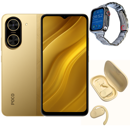 POCO C71 128_4 DORADO + Smartwatch Bossney BS K2310 + Audífonos G-tide OWS2