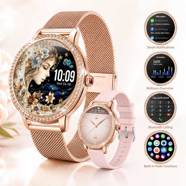 Smartwatch elegante para dama con diseño rosé, cristales brillantes y 2 correas incluidas