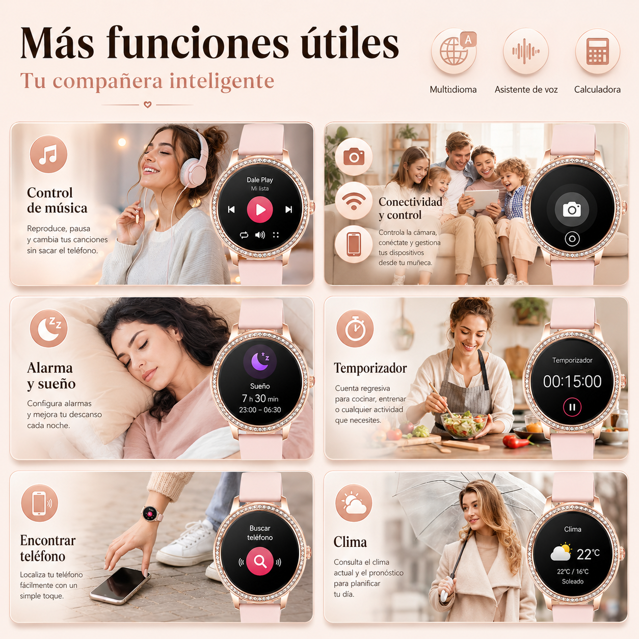 Combo Smartwatch Elegante para Dama Rosé + Audífonos G-Tide L42 Rosa + Bocina Bluetooth Sanag X6S