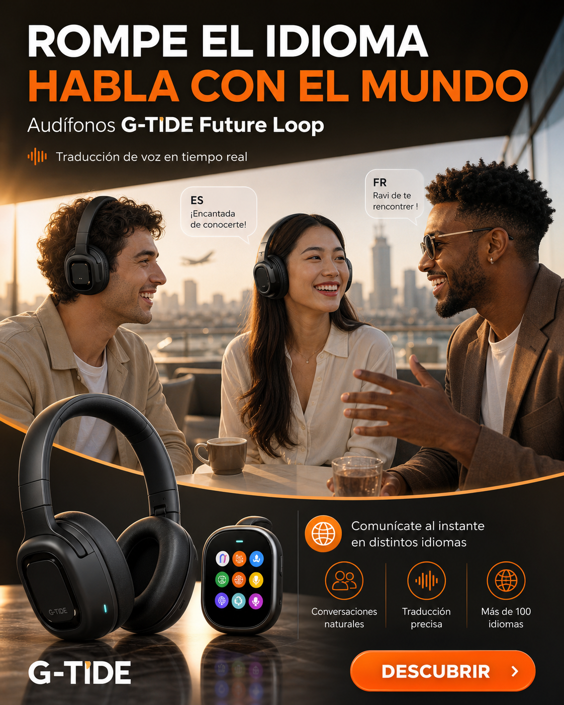 Audífonos G-Tide Future Loop con Traducción en Tiempo Real, Pantalla Táctil y Bluetooth 5.3