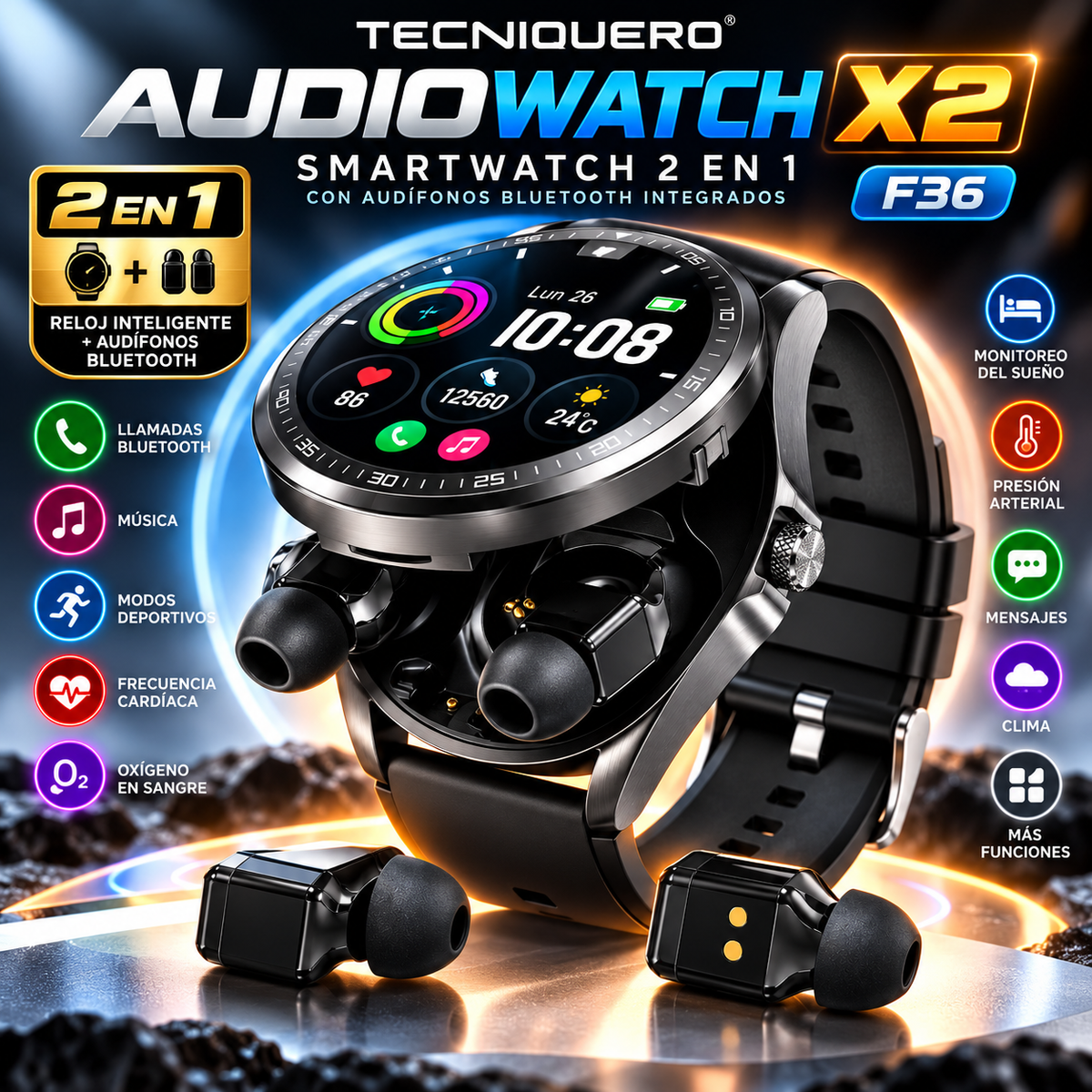 Smartwatch 2 en 1 con Audífonos Bluetooth Integrados