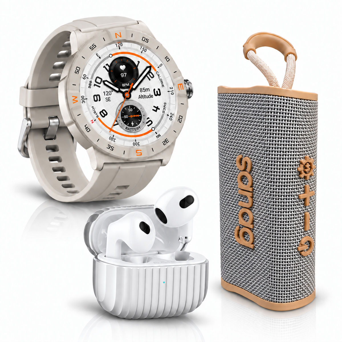 AUDIFONOS G-TIDE H21 (PLATA) + SMARWATCH HONOR CHOICE 2 EPIC AMOLED + BOCINA SANAG M15 (BEIGE)