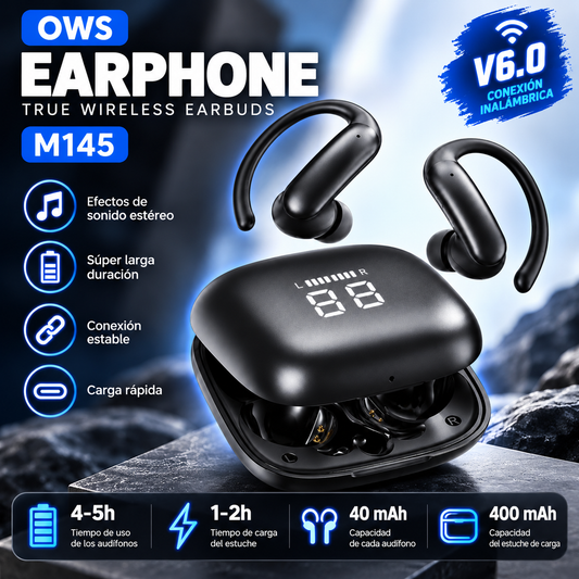 Audífonos Bluetooth Deportivos TECNIQUERO SportLoop M145 Gancho Ergonómico, Sonido Estéreo y Estuche de Carga