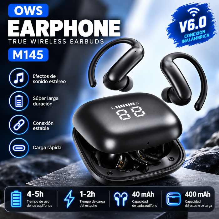 Audífonos Bluetooth Deportivos TECNIQUERO SportLoop M145 Gancho Ergonómico, Sonido Estéreo y Estuche de Carga