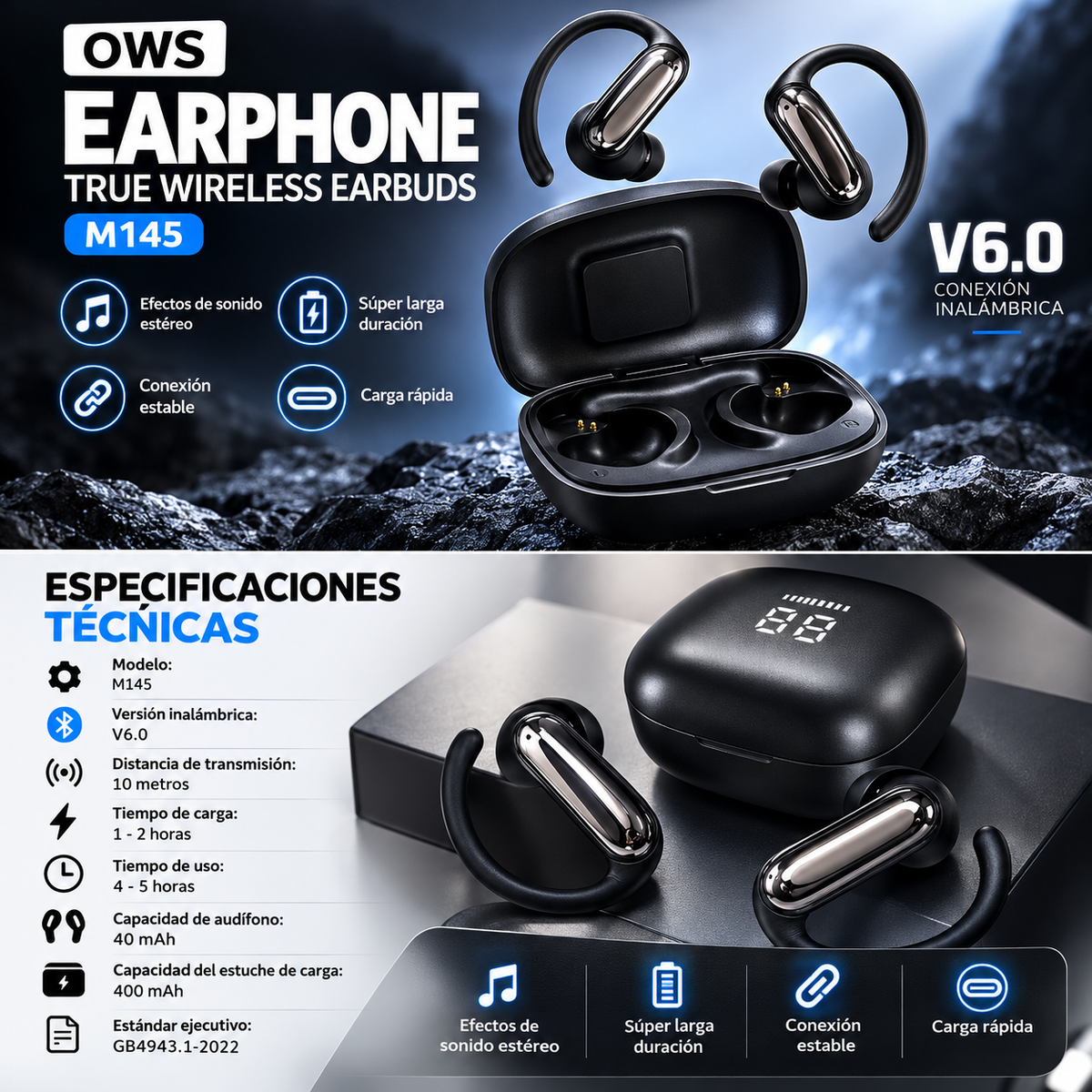 Audífonos Bluetooth Deportivos TECNIQUERO SportLoop M145 Gancho Ergonómico, Sonido Estéreo y Estuche de Carga