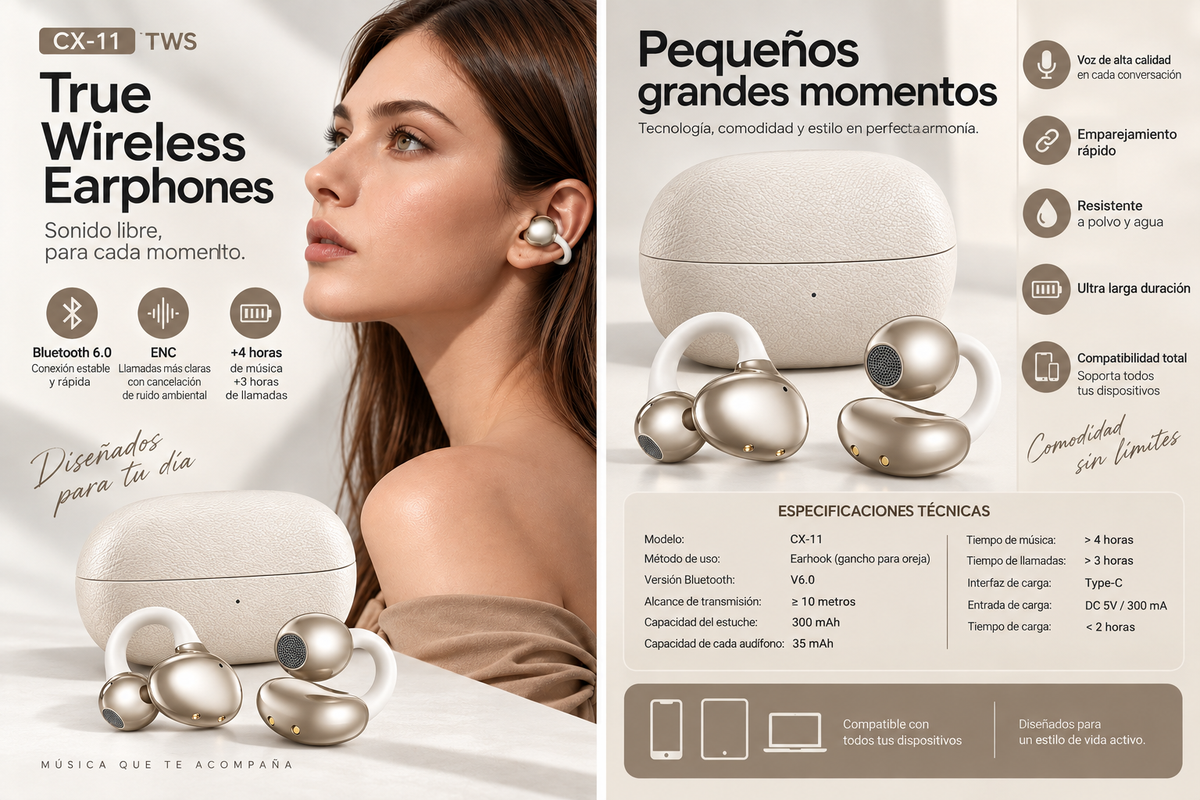 Audífonos Bluetooth TWS CX-11 Earhook ENC USB-C Dorados