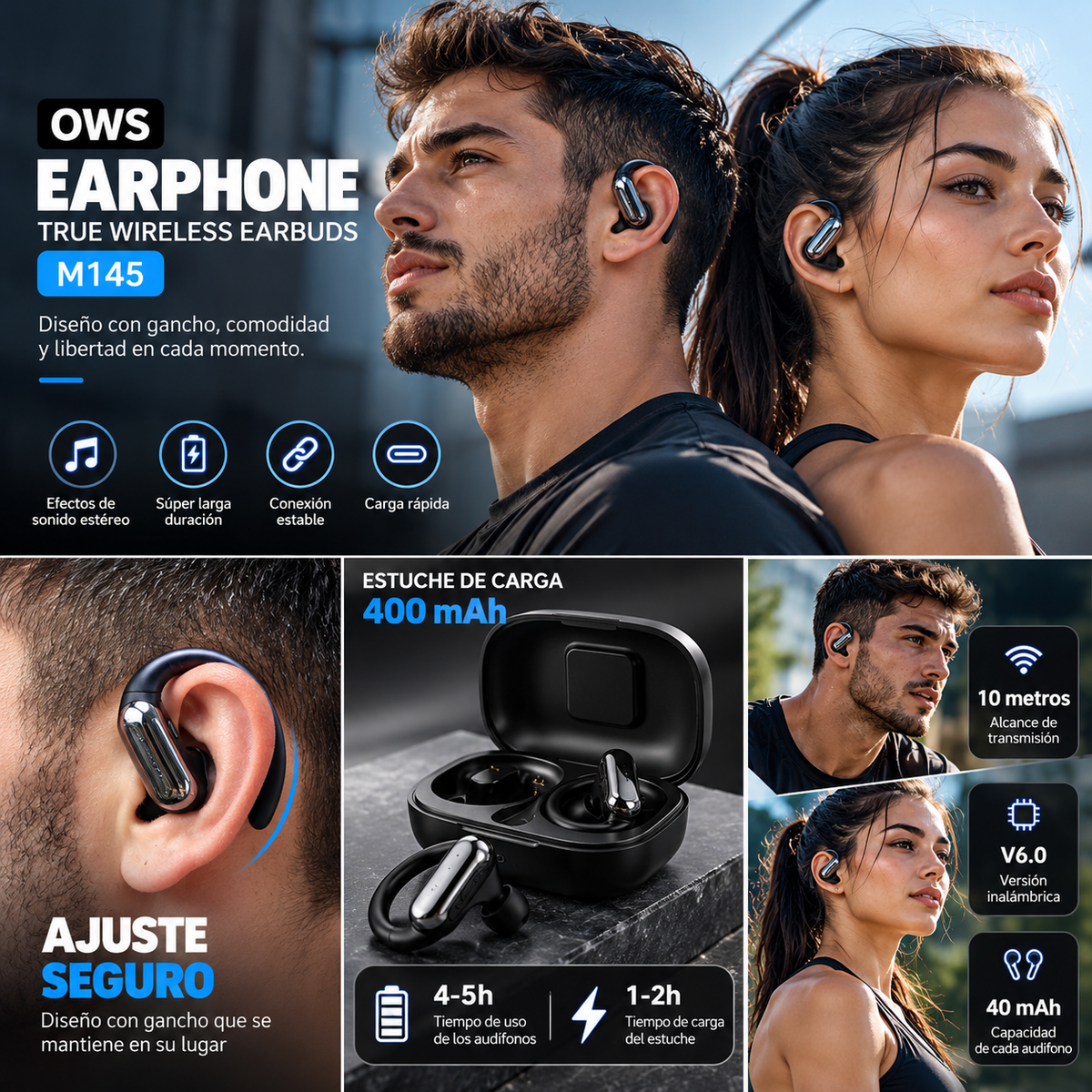 Audífonos Bluetooth Deportivos TECNIQUERO SportLoop M145 Gancho Ergonómico, Sonido Estéreo y Estuche de Carga