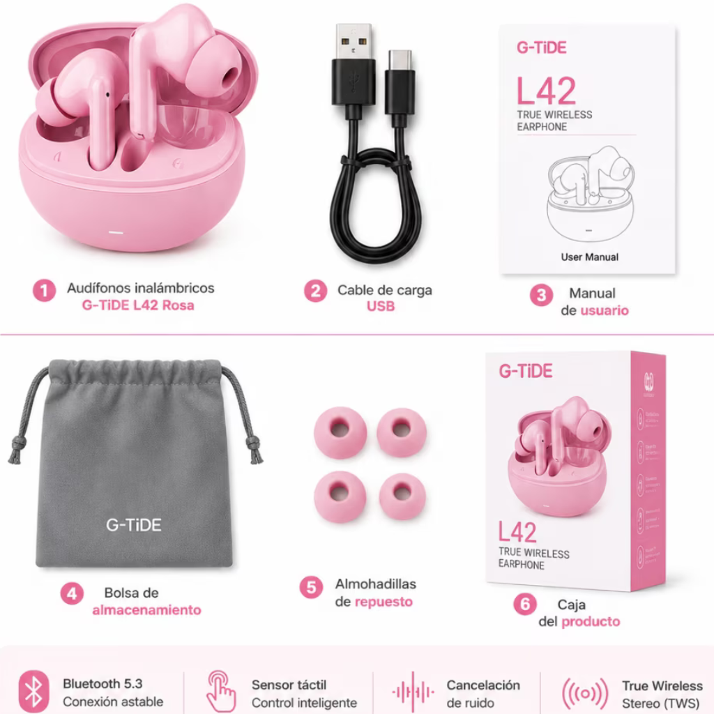 Combo Smartwatch Futurem FM13 + Audífonos g-tide L42 Bluetooth Ultra Compactos Rosa