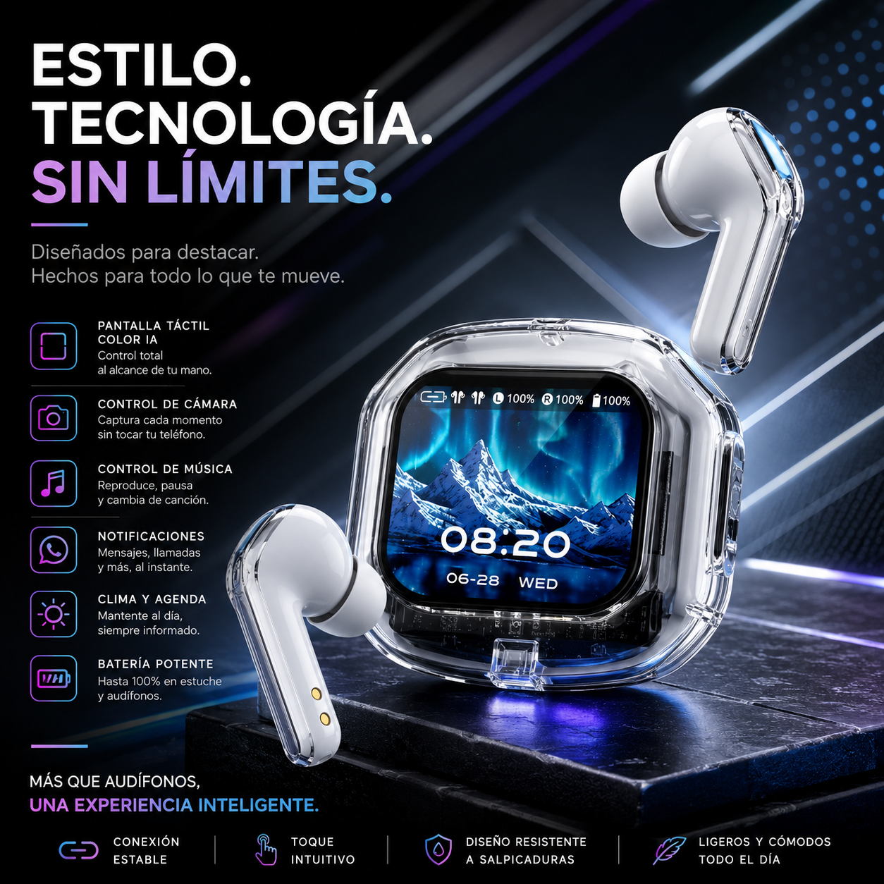 SmartBuds AI con Pantalla Táctil, Traducción Inteligente y Audio Hi-Resolution