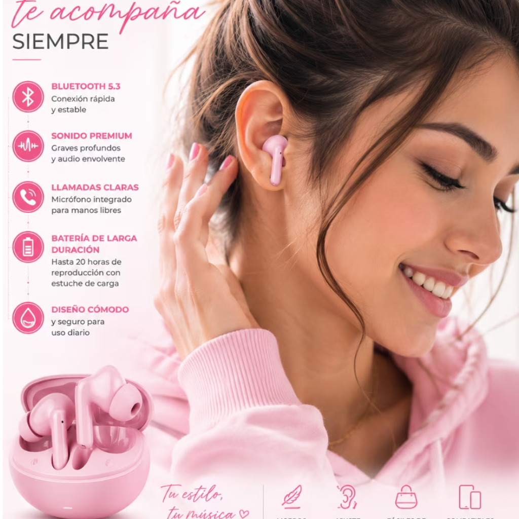 Combo Smartwatch Futurem FM13 + Audífonos g-tide L42 Bluetooth Ultra Compactos Rosa