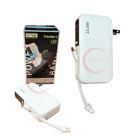 Power Bank G-Tide Traveler 10 000Mha, potencia 22.5w, cables tipo c y  iphone lightning. Con enchufe incluido