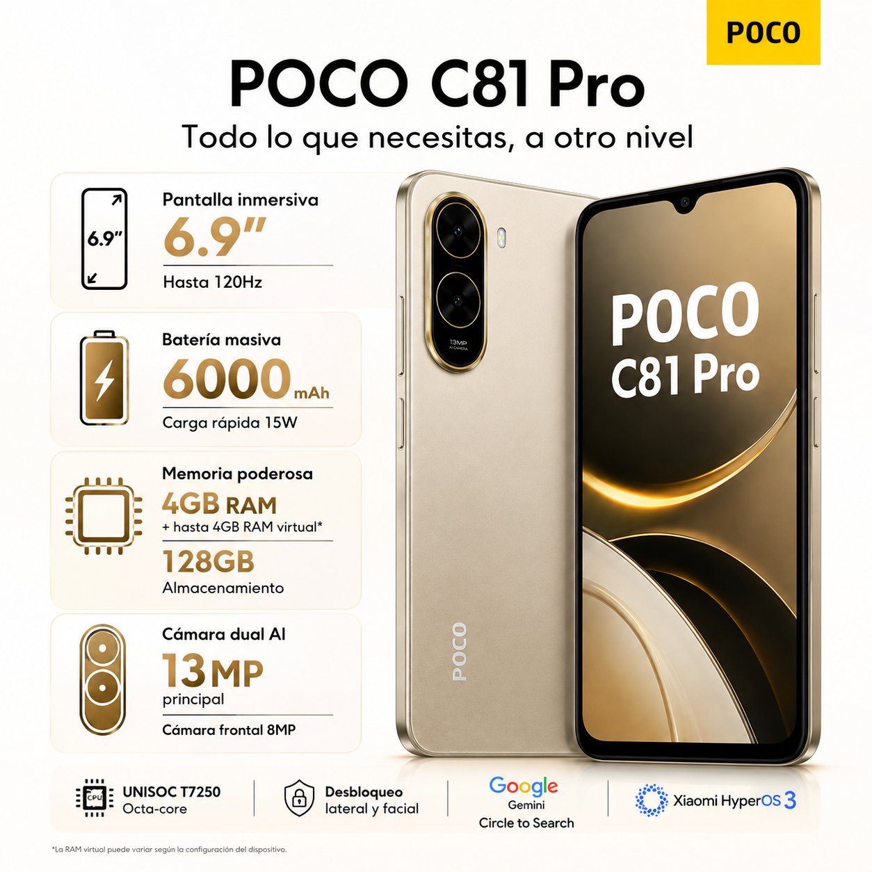 Xiaomi POCO C81 Pro – Pantalla de 6.9", 120 Hz, 128 GB y batería de 6000 mAh