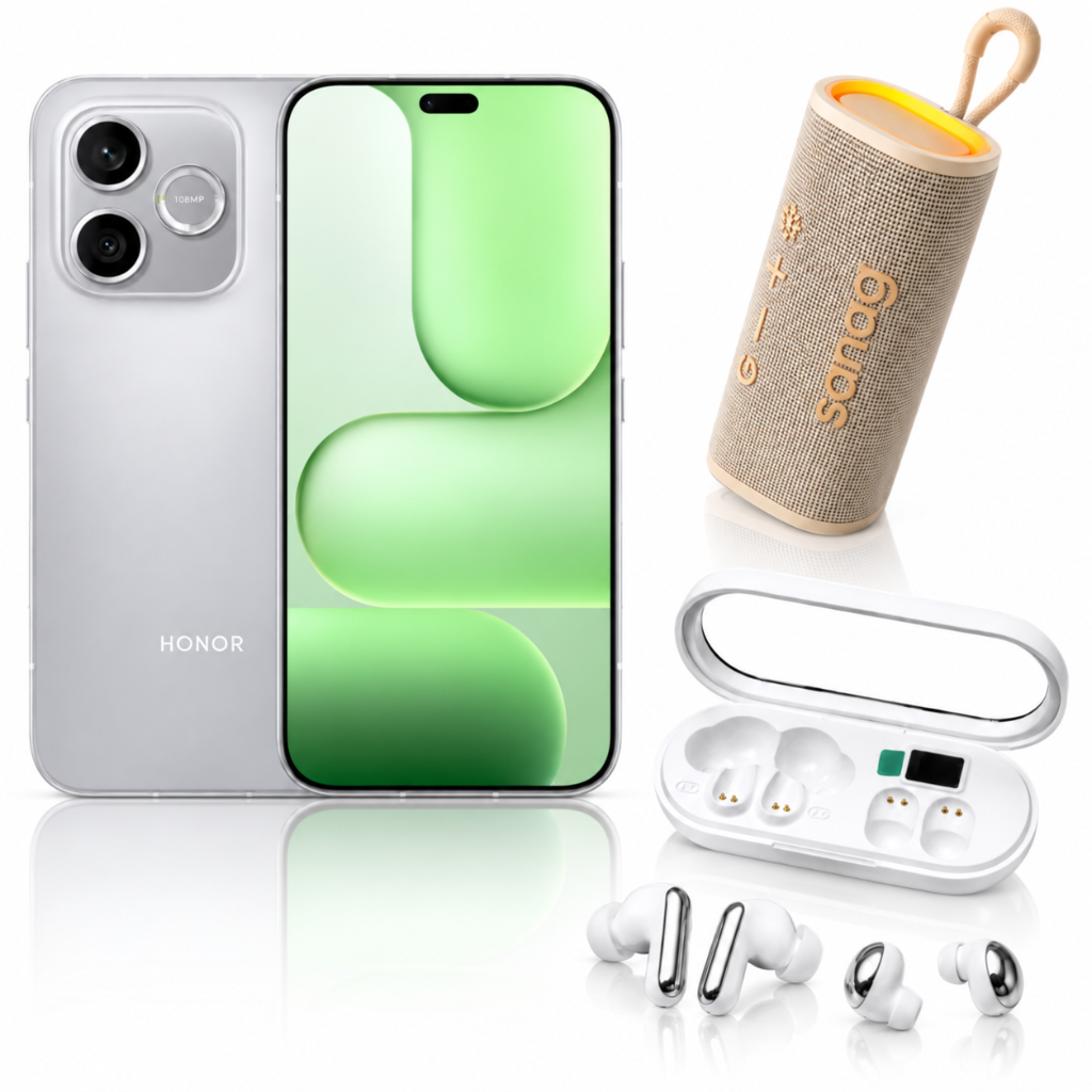 HONOR 600e 5G + Bocina Sanag M15 + Audífonos HH More T55 Pro & Mini