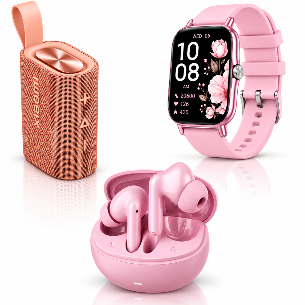 BOCINA XIAOMI SOUND POCKET ROSA CON SMARTWATCH FM13 ROSA Y L42 ROSA