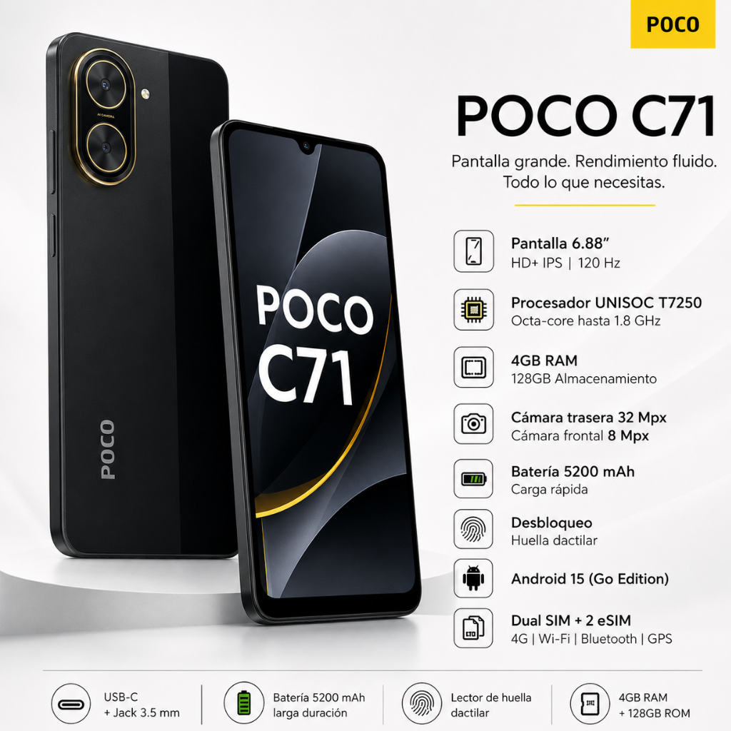 Xiaomi POCO C71 + Bocina Sanag M15 Beige + Smartwatch Filwans GTR