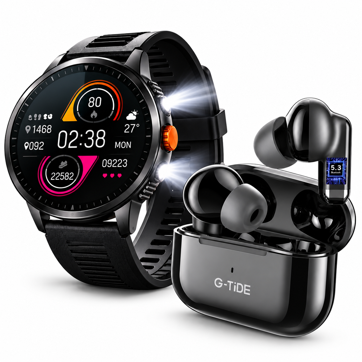 Combo TECNIQUERO NEXWATCH X5 + Audífonos G-TiDE L22 Smartwatch con Llamadas, Doble Linterna y Bluetooth 5.3