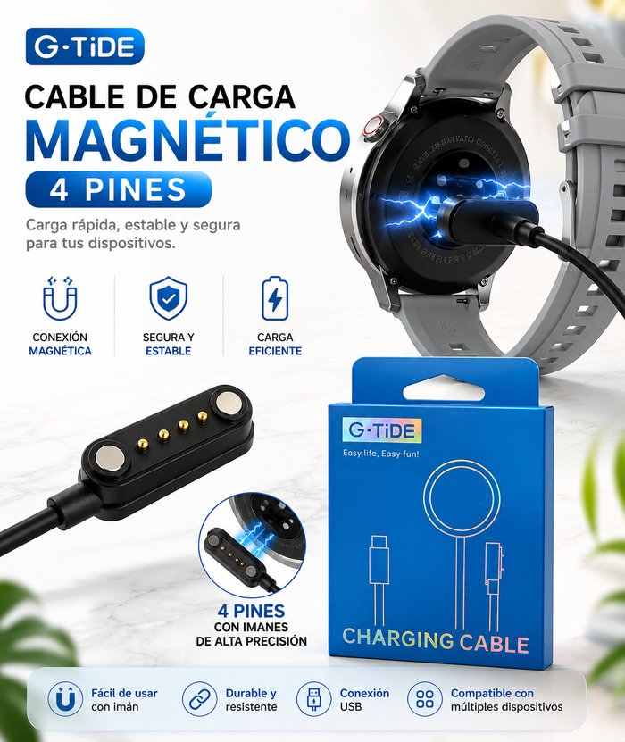 Cable de Carga Magnética de 4 Pines para Smartwatch G-Tide R9 USB Negro