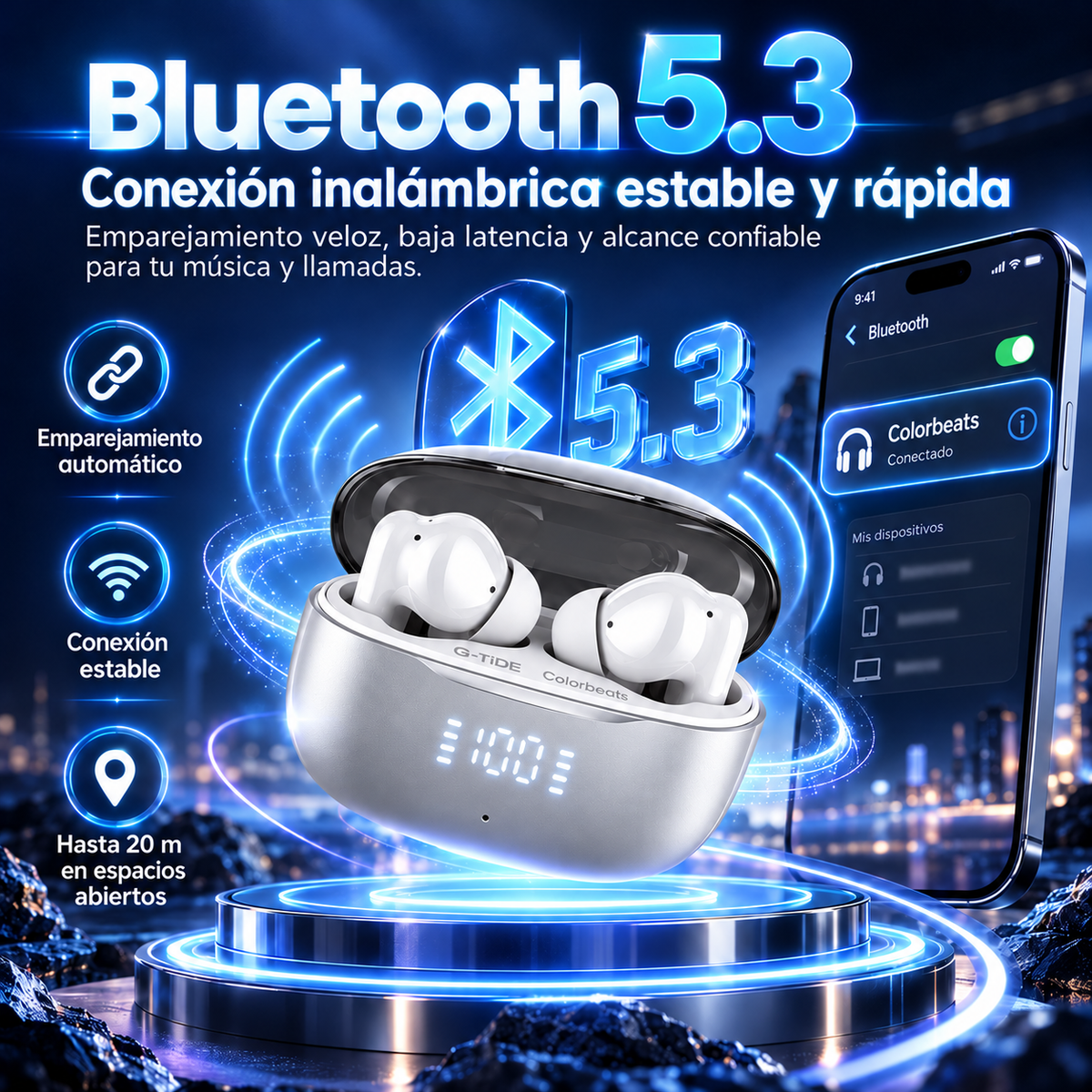 Audífonos Bluetooth G-TIDE Colorbeats  ANC + ENC, Pantalla LED y 50 Horas