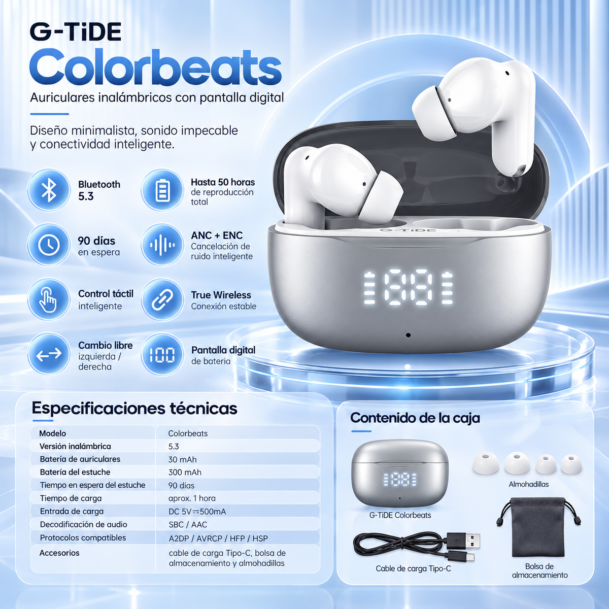 Audífonos Bluetooth G-TIDE Colorbeats  ANC + ENC, Pantalla LED y 50 Horas