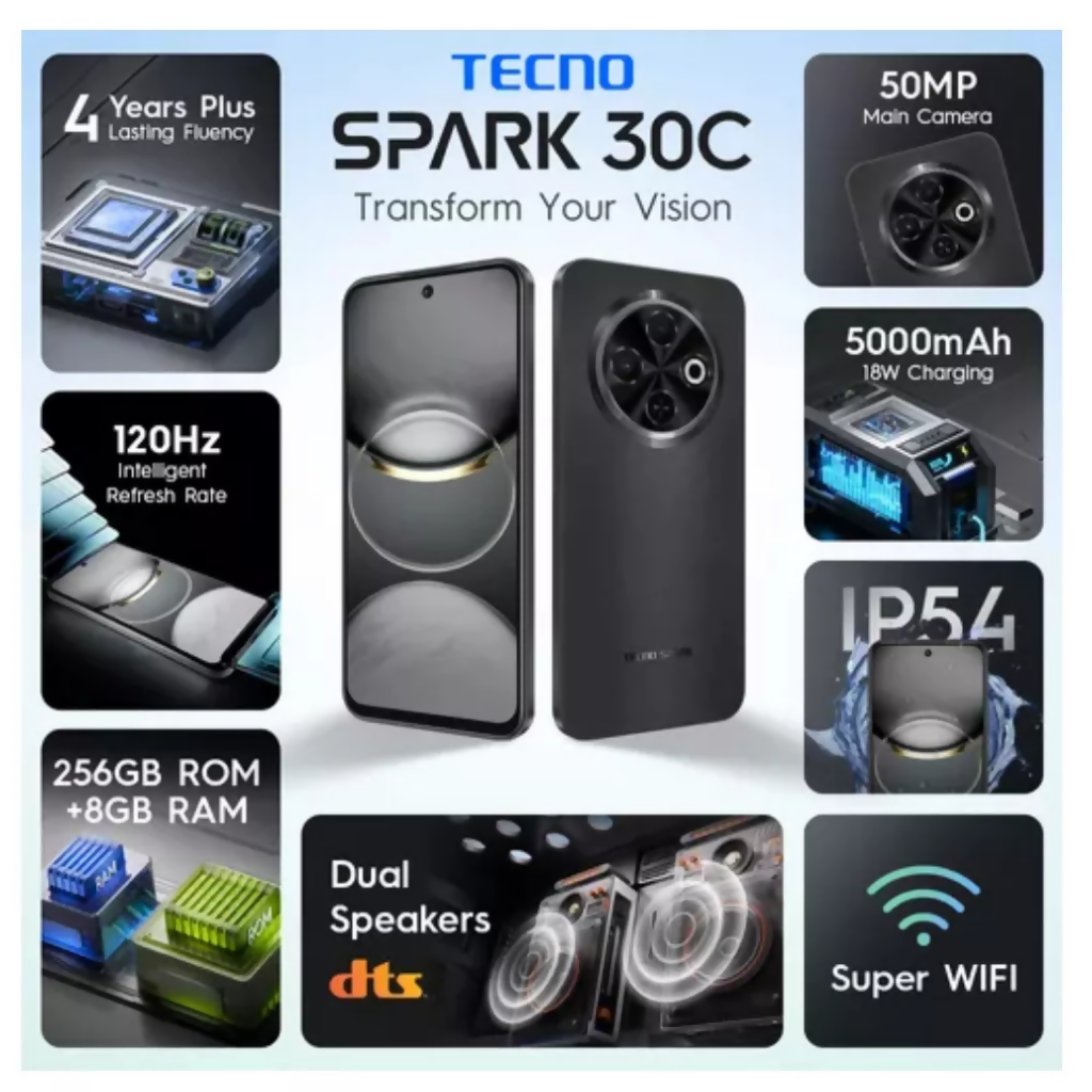 Celular Tecno Spark 30C Dual Sim 256gb 8Gb Ram Negro +Audífonos G tide l21 + Smartwatch Filwans gts mini azul.