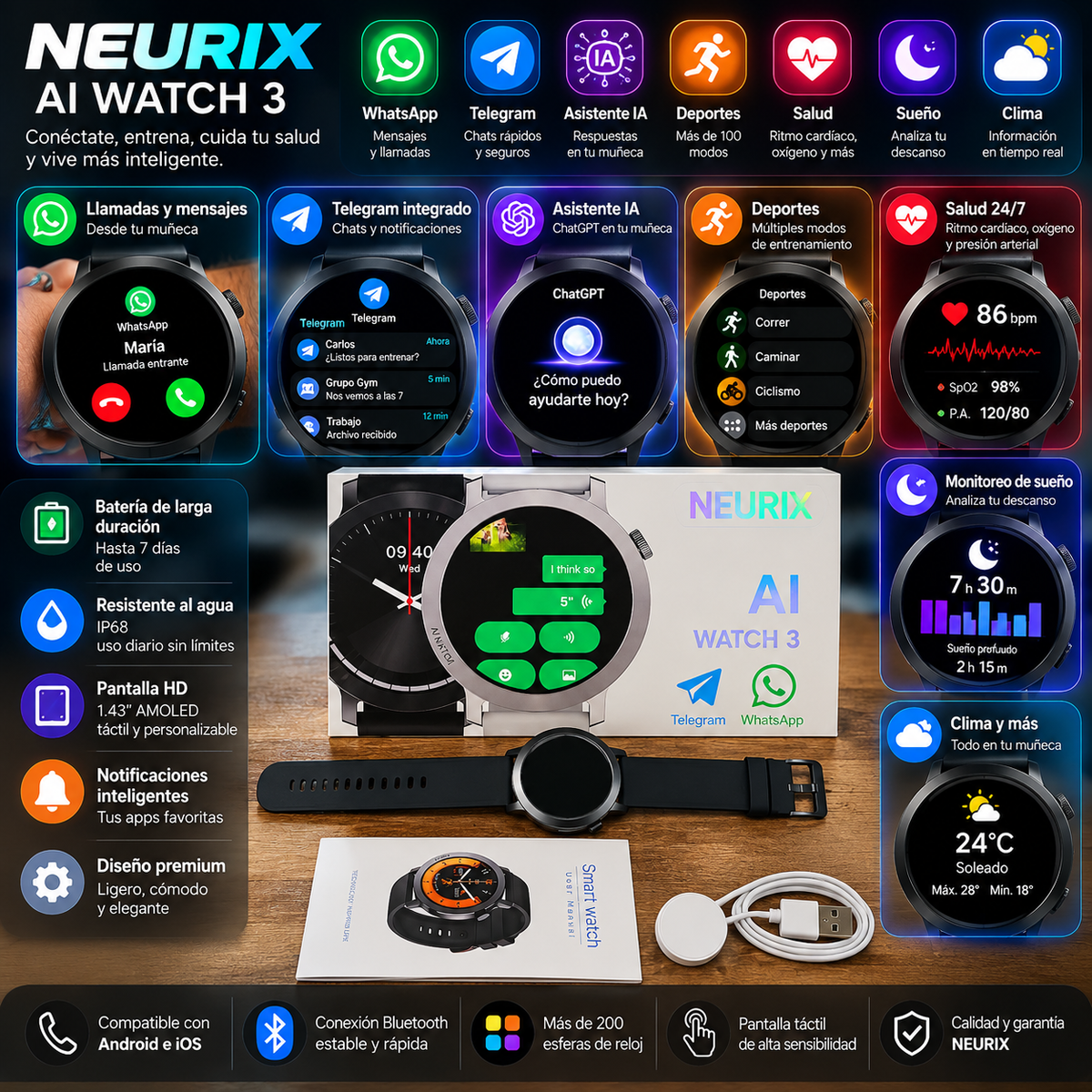Smartwatch NEURIX AI Watch 3 con ChatGPT, WhatsApp, Llamadas Bluetooth y Funciones Deportivas