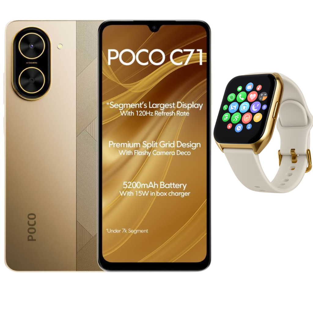Celular Xiaomi Poco C71 4/128Gb más Smartwatch Filwans. Dorado