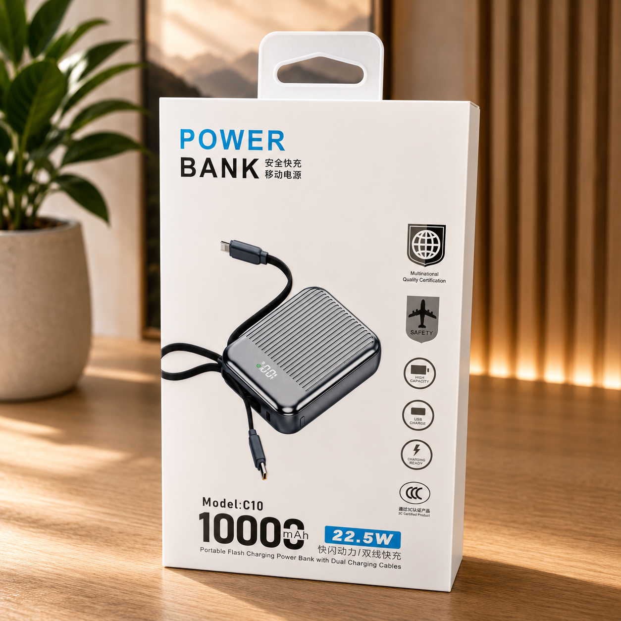 Power Bank C10 10000mAh 22.5W Carga Rápida con Cables Integrados y Pantalla Digital