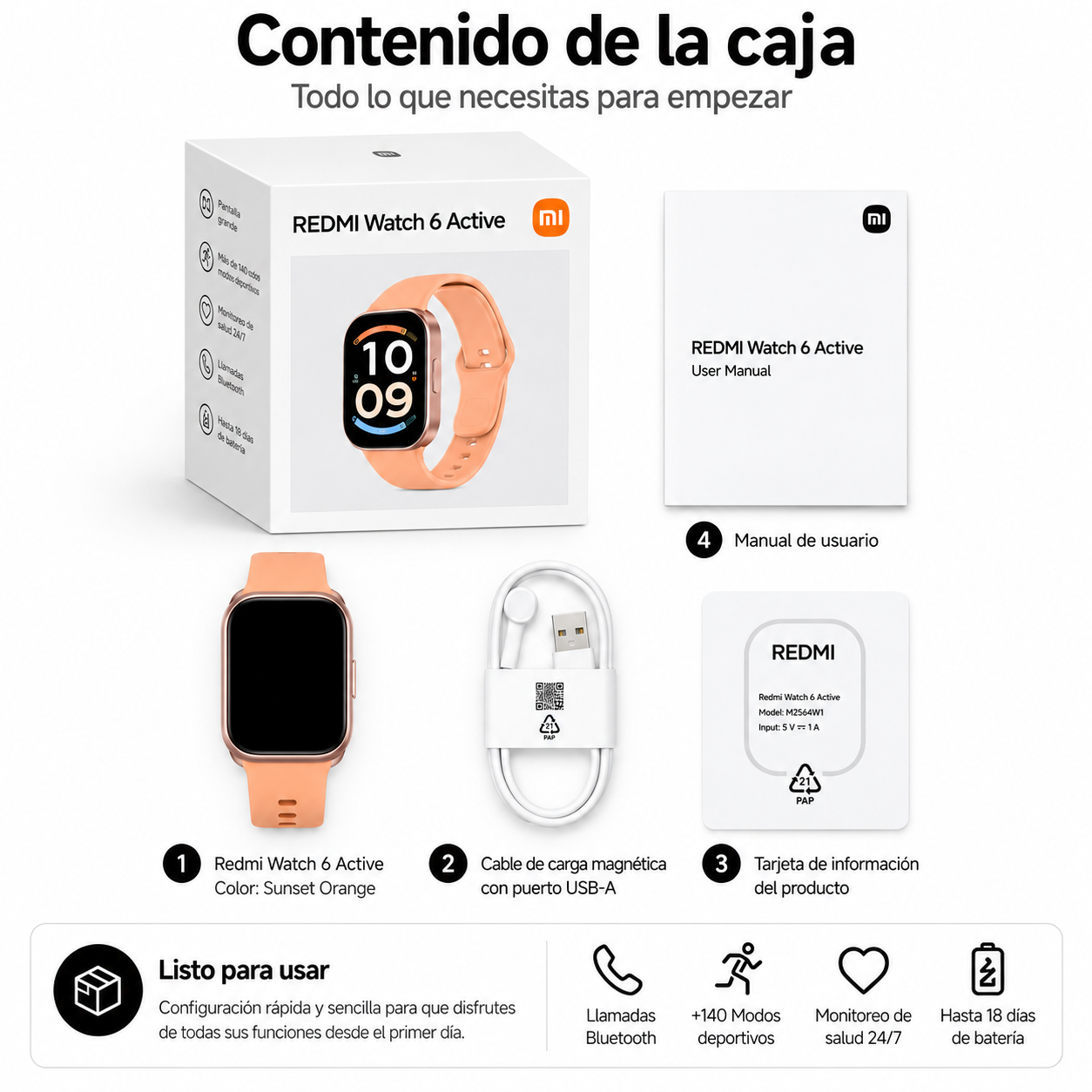 SMARTWATCH XIAOMI REDMI WATCH 6 ACTIVE (ORANGE) + BOCINA G-TIDE SV30 + AUDIFONOS G-TIDE L22 (NEGRO)