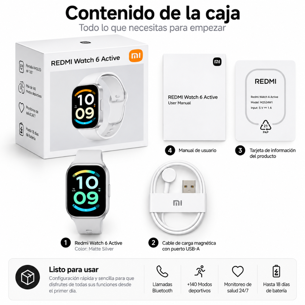 SMARTWATCH XIAOMI REDMI WATCH 6 ACTIVE (PLATA) + BOCINA SANAG M15 (BEIGE) + AUDIFONOS HH MORE T-55 (PLATA)