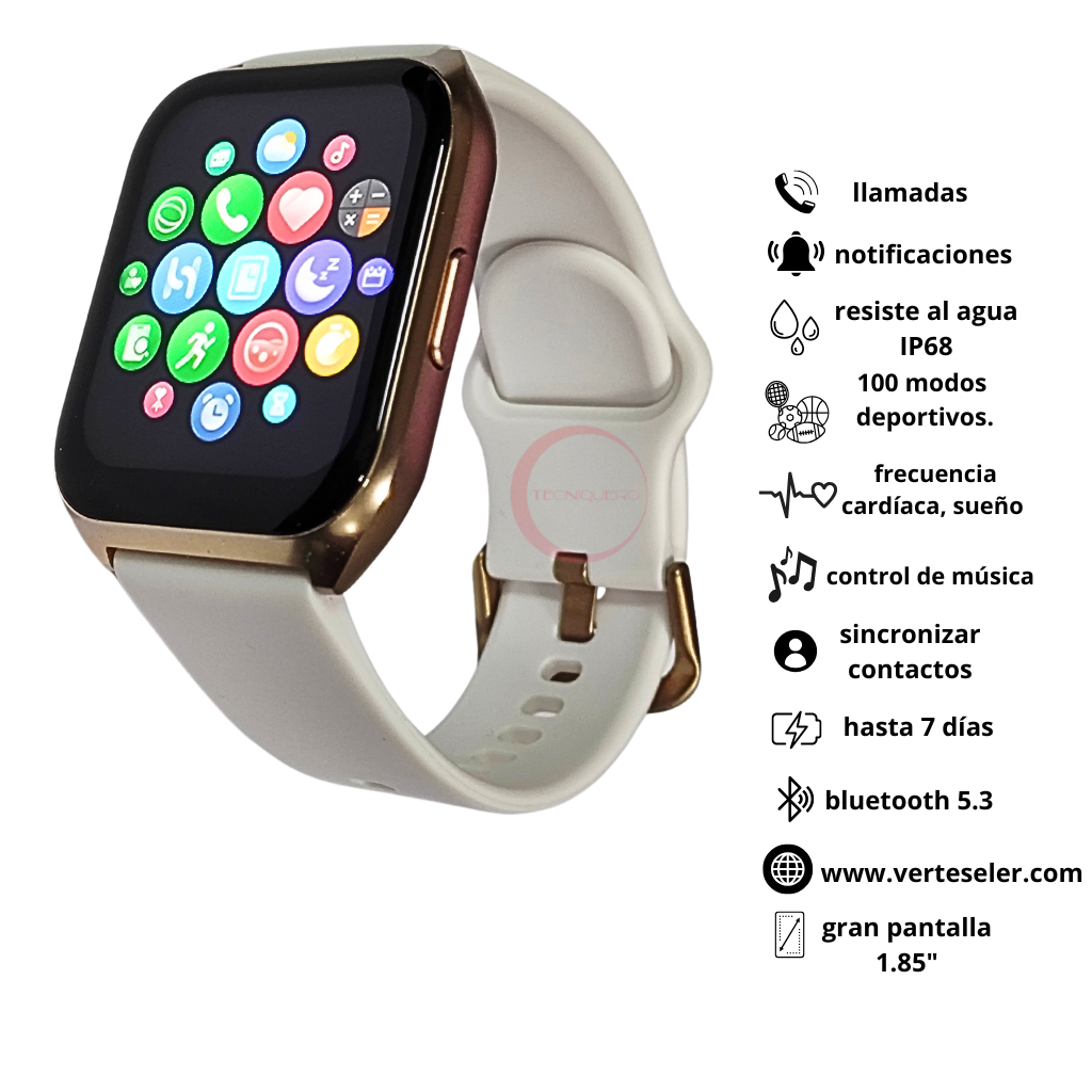Smartwatch Filwans GTS Mini Pantalla 1.85 Pulgadas 78 Modos Deportivos Llamadas Bluetooth IP68 Bateria 250mAh, Dorada
