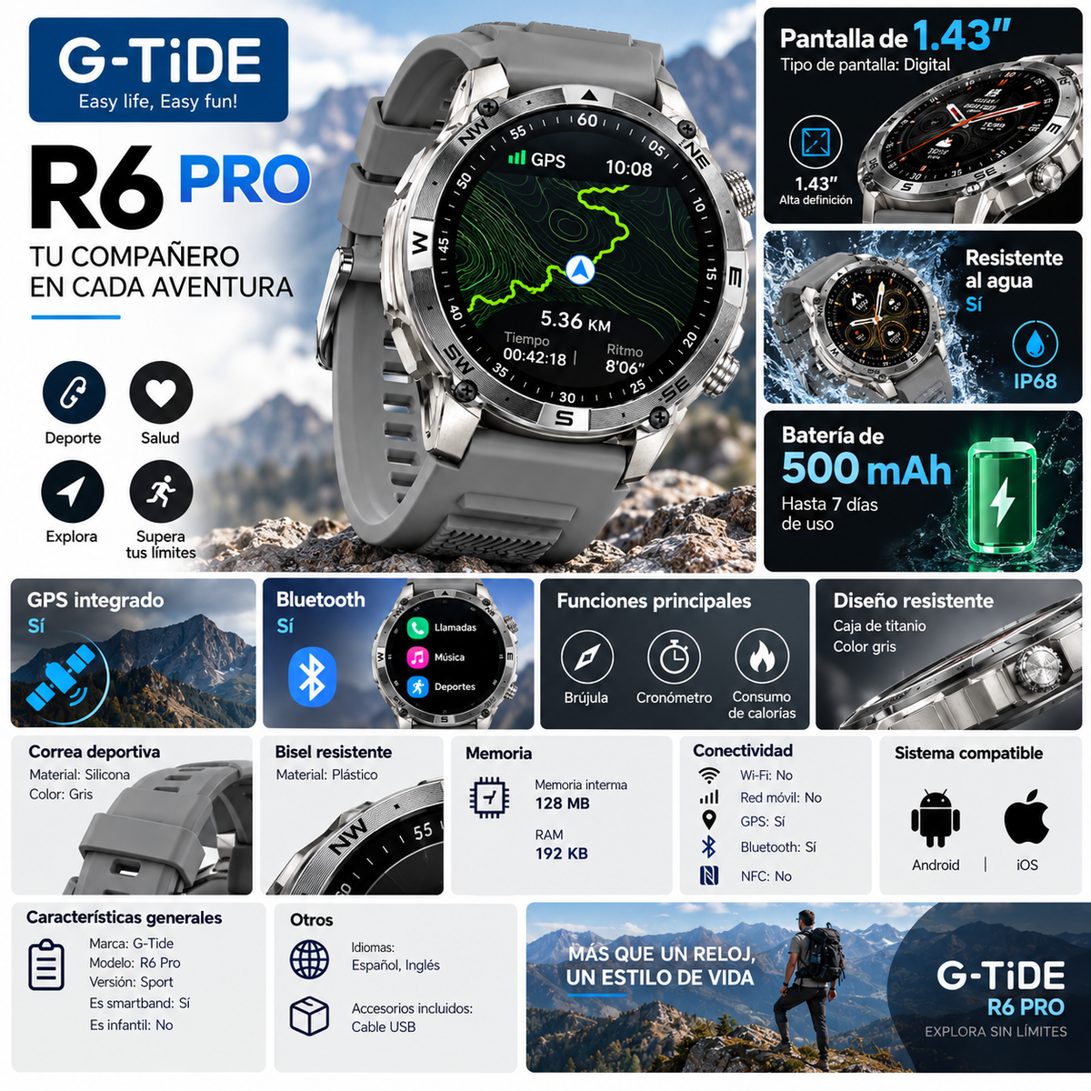 SMARTWACTH G-TIDE R6 PRO (GRIS) + BOCINA SOUND POCKET (AZUL)