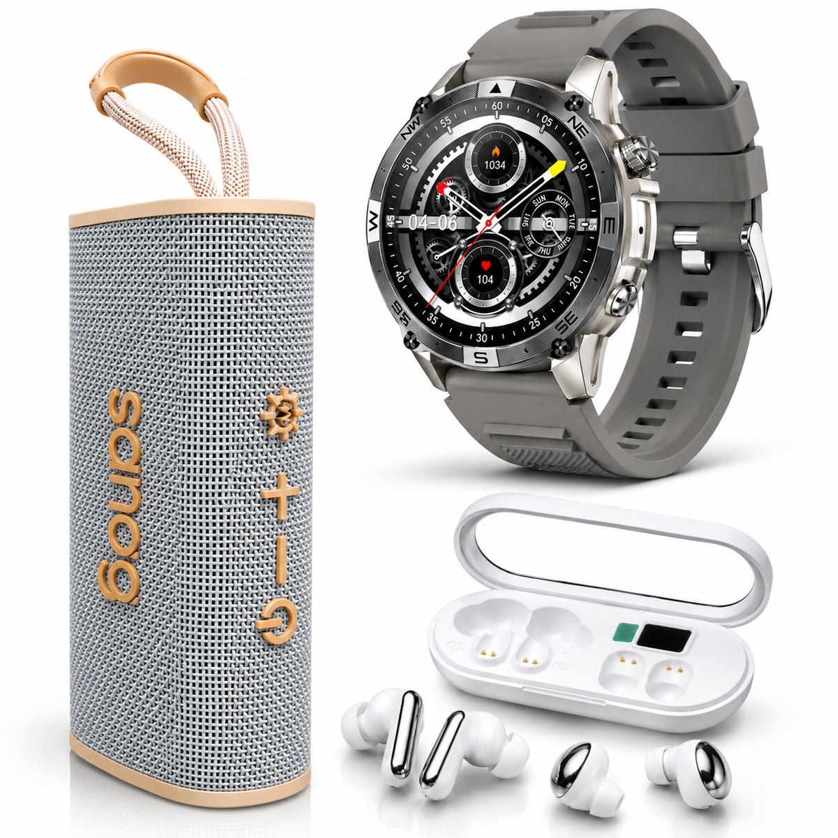 SMARTWACTH G-TIDE R6 PRO (GRIS) + BOCINA SANAG M15 (BEIGE) +  AUDIFONOS HH MORE T-55 (PLATA)