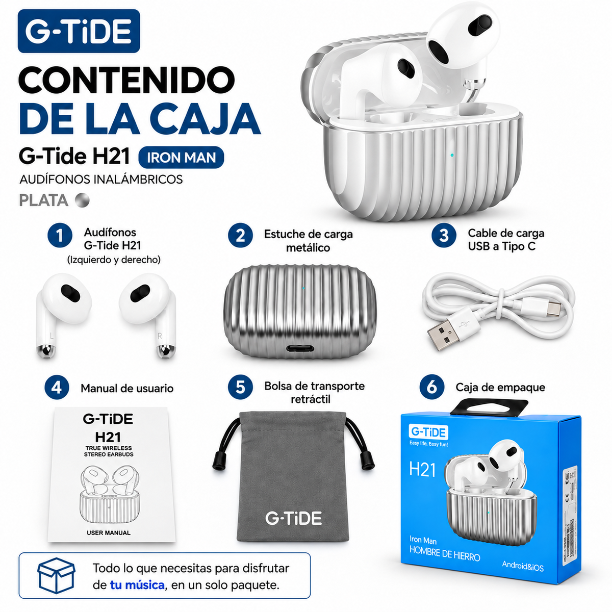SMARTWACTH G-TIDE R6 PRO (GRIS) + BOCINA SOUND POCKET (AZUL) + AUDIFONOS G-TIDE H21 (PLATA)