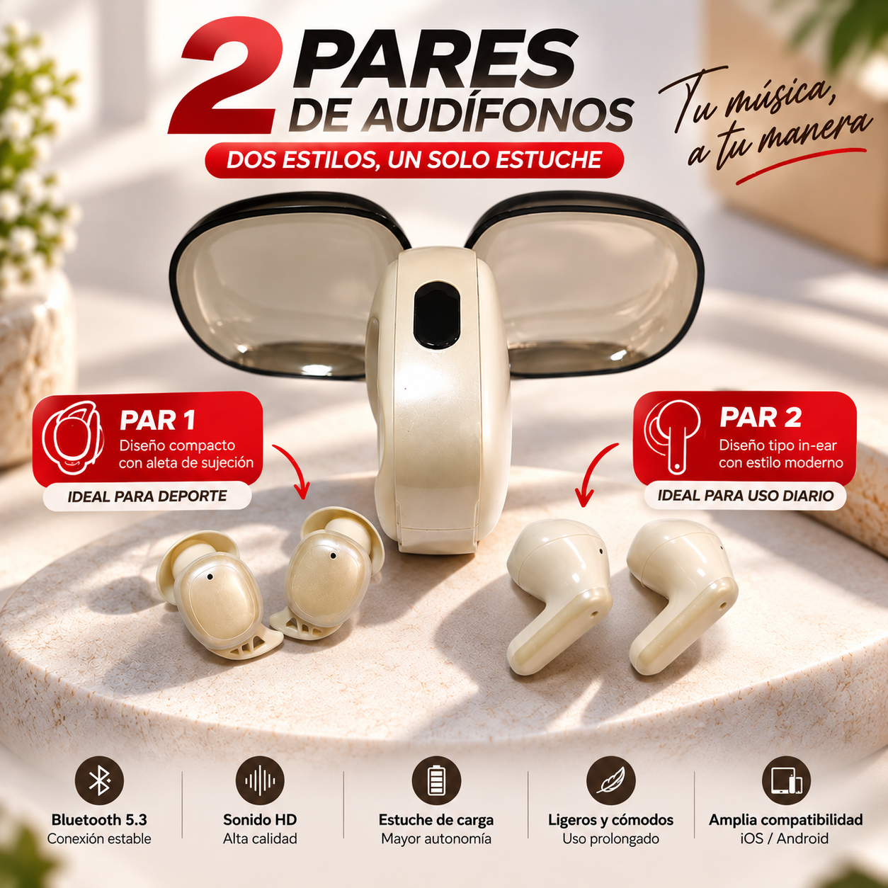 Audífonos bluetooth 2 en 1 TECNIQUERO DuoBuds 2X G86