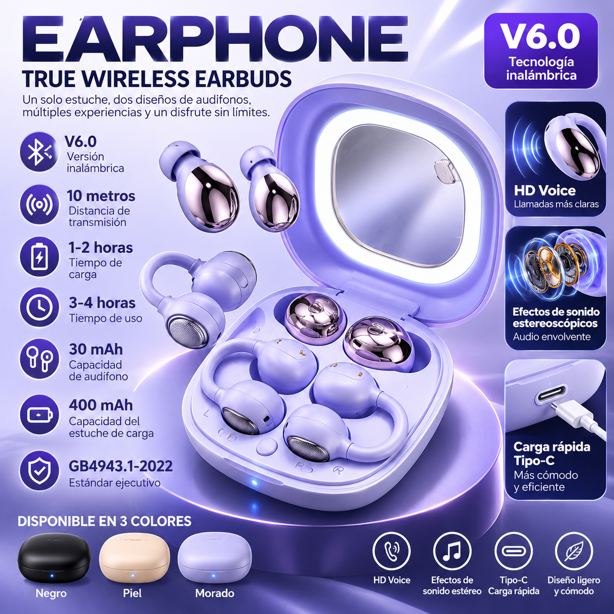 Audífonos Bluetooth 2 en 1 TECNIQUERO DuoFit M165 Dos Diseños + Estuche con Espejo
