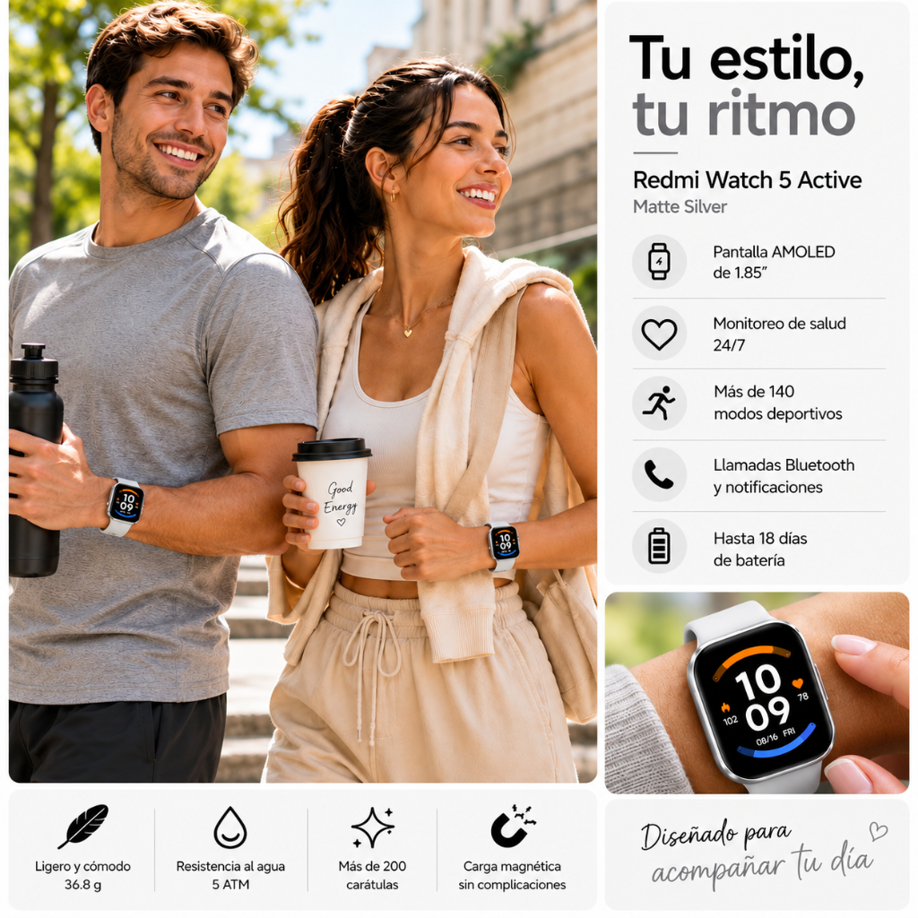 SMARTWATCH XIAMI REDMI WATCH 6 ACTIVE (PLATA) + AUDIFONOS HH MORE T 55 (PLATA)