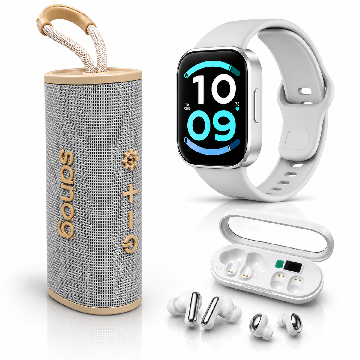 SMARTWATCH XIAOMI REDMI WATCH 6 ACTIVE (PLATA) + BOCINA SANAG M15 (BEIGE) + AUDIFONOS HH MORE T-55 (PLATA)