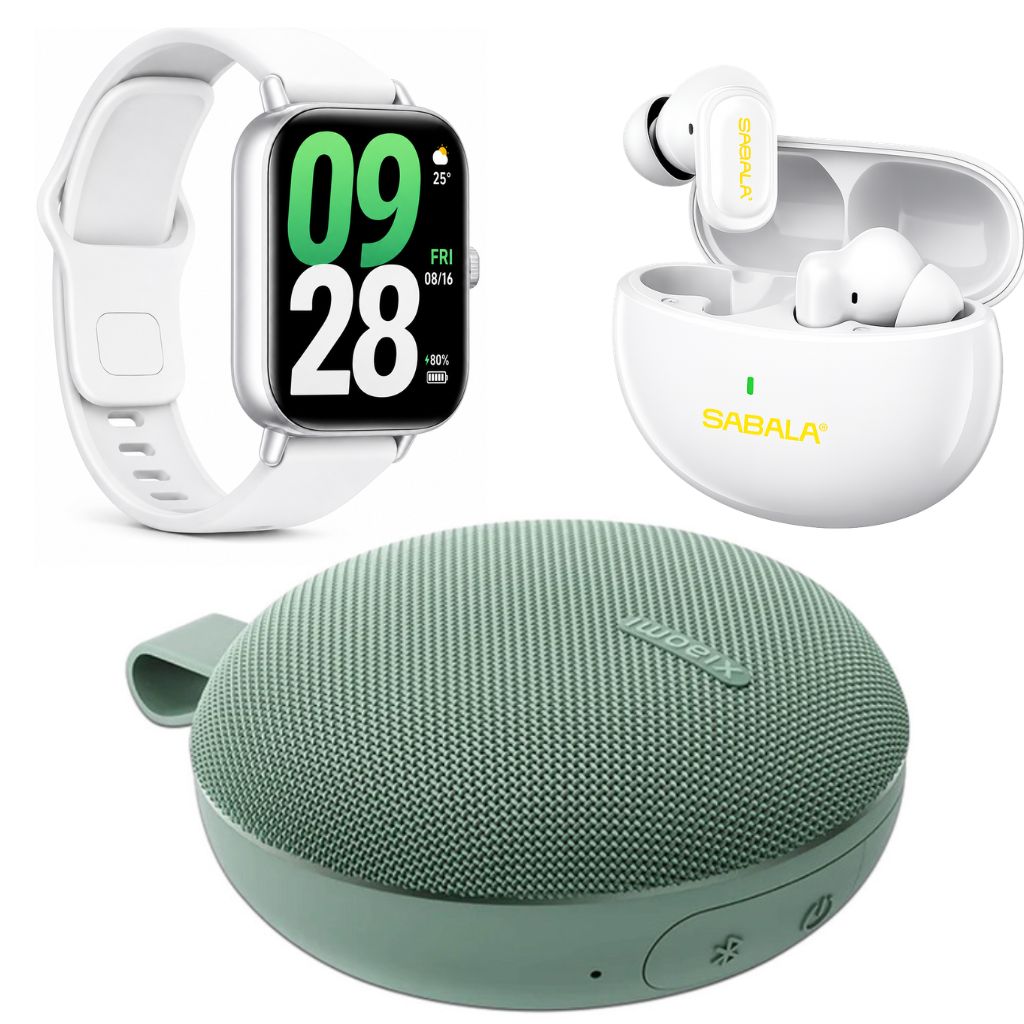 Smartwatch Xiaomi Watch 5 Active (Plata) + Bocina Xiaomi Essentials (Verde) + Audifonos inalambricos SABALA ST-765