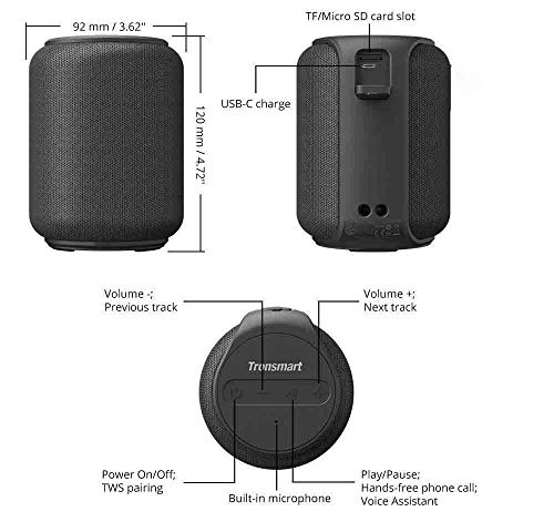 Bocina Bluetooth, T6 Mini 15W Altavoz portátil 24 Horas Graves, IPX6 Impermeable, Bluetooth 5.0, TWS estéreo inalámbrico, Asistente de Voz, micrófono Integrado, Alexa (Negro) (Negro)