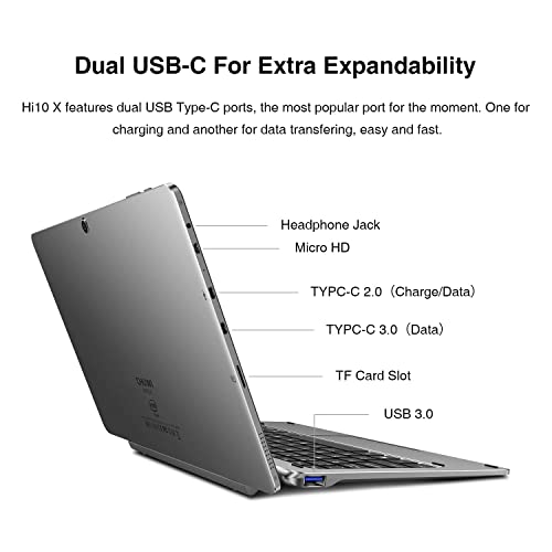 Tablet de 10.1 pulgadas CHUWI Hi10 X con teclado y bolígrafo, 6 GB LPDDR4 128 GB de almacenamiento, visualización táctil de 10 puntos de 1920 x 1200P, Intel Celeron N4120, portátil convertible 2 en 1, WiFi de doble banda, Typc-C, Windows 10, gris