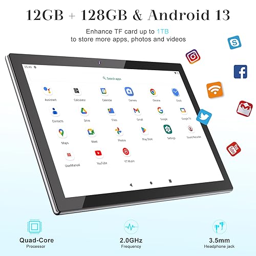 Tablet 10 pulgadas Android 13 Tablet 12 GB RAM 128 GB ROM, tabletas 2 en 1 con teclado, procesador 2.0 Ghz, 5G/WiFi 6, Bluetooth 5.0, 10 horas de duración de la batería, visualización IPS Tablet PC