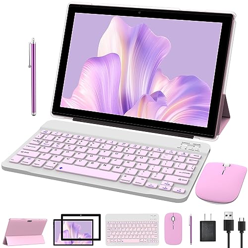 Tablet con teclado 2 en 1, Android 11, 10.1 pulgadas FHD, con teclado/mouse/funda/lápiz capacitivo/película templada, 64 GB+2 GB, Wi-Fi, cámara dual 8 MP,batería 6,000 mAh, rosa